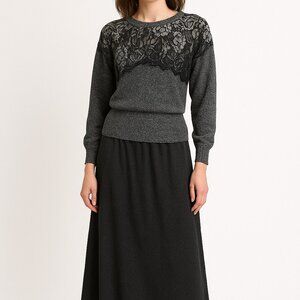 Vintage Benee By Lori Ann Black Lace Metallic Drop Waist Midi Dress Size 11/12